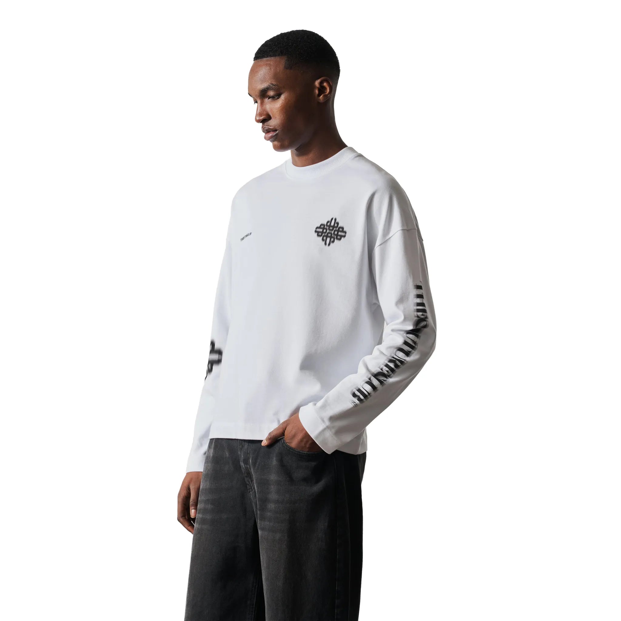 Front Side View of The Couture Club Motion Blurred L/S White T-Shirt